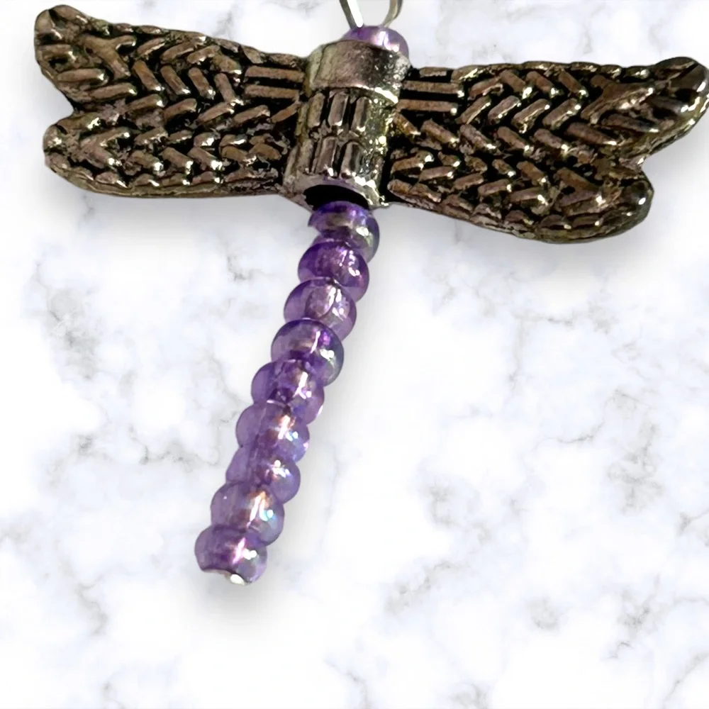 Hand Crafted Earrings Dragonfly Purple Dangle Silver Pierced Long Handmade